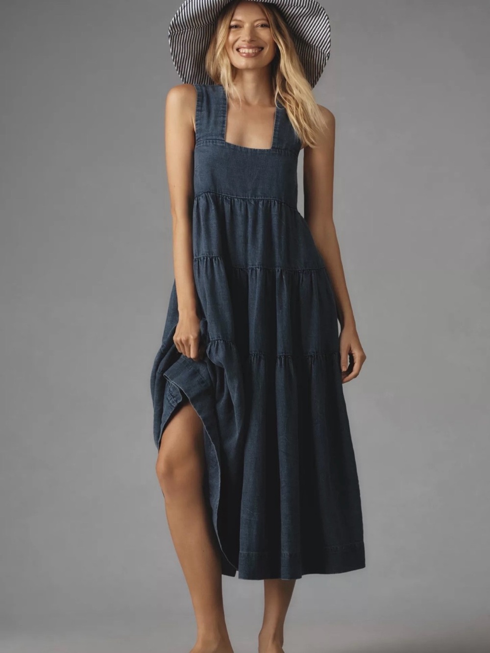 Anthropologie The Helena Square Neck Tiered Midi Dress Denim Womens XL